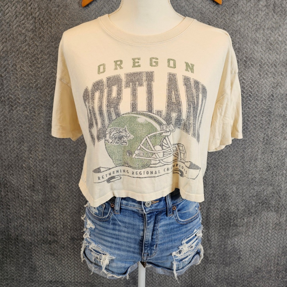 Hollister‎ Portland Oregon Graphic Crop Top Cream Cotton Small Sporty Retro Tee